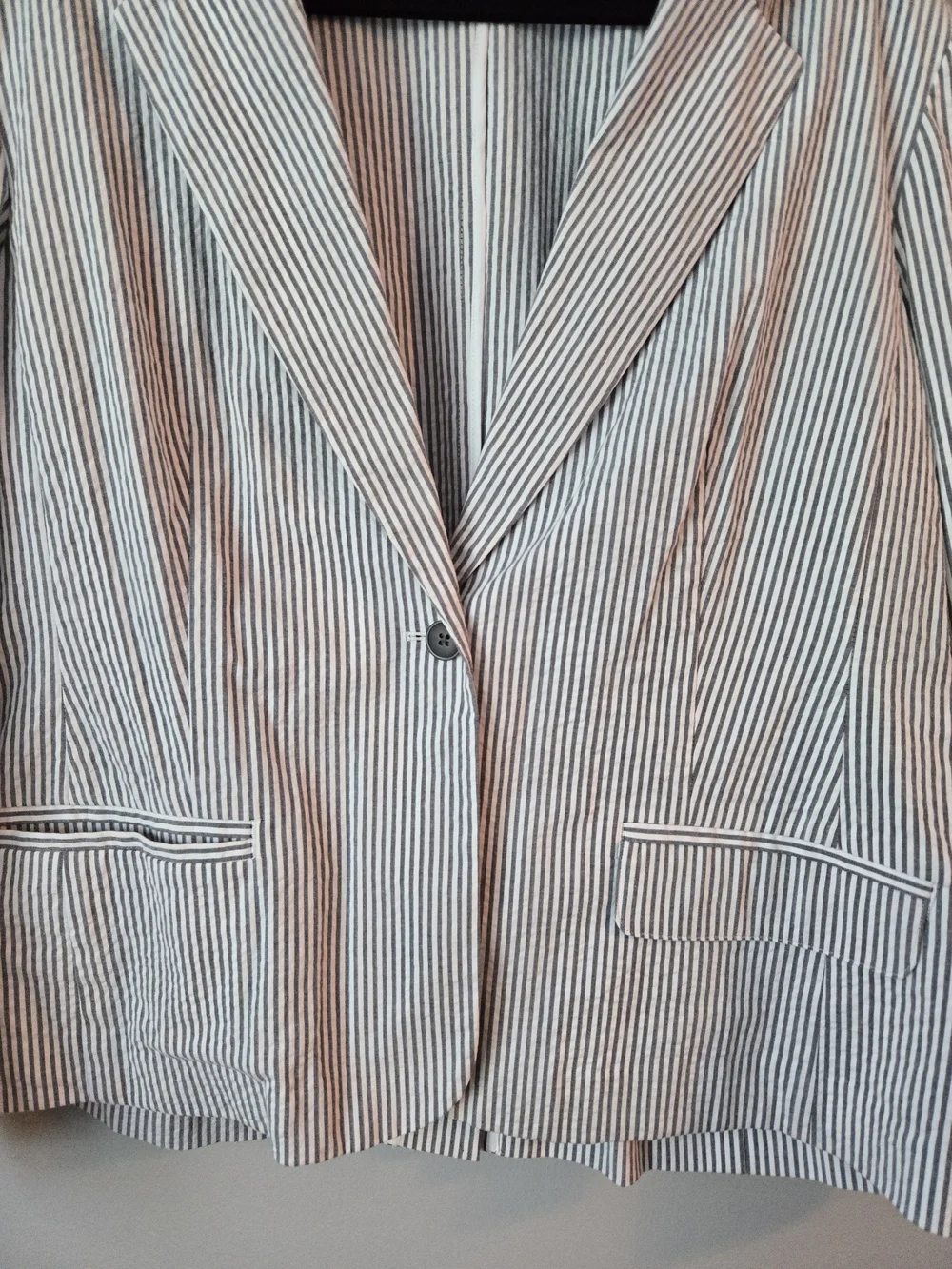 J. Jill Seersucker Blazer Jacket Large Gray White Pinstripe Striped One Button